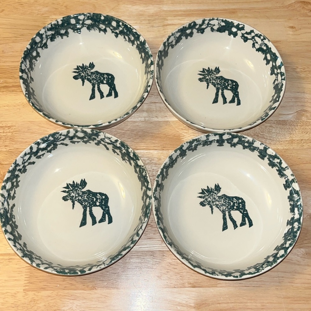 4 FOLK CRAFT Tienshan Moose Country SALAD/DESSERT Plates Green Sponge pattern